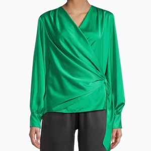 $218 Sz XS Karmamia Ines Emerald Green Satin Wrap Long Sleeve Blouse